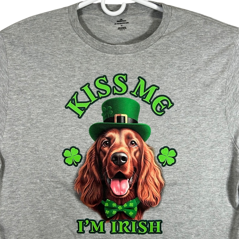 St. Patrick's Day Irish Setter Dog Kiss Me I'm Irish Graphic T-Shirt Grey XL New